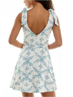 Floral Tie-Shoulder Junior Sundress in White and Blue XS Macy’s NWT